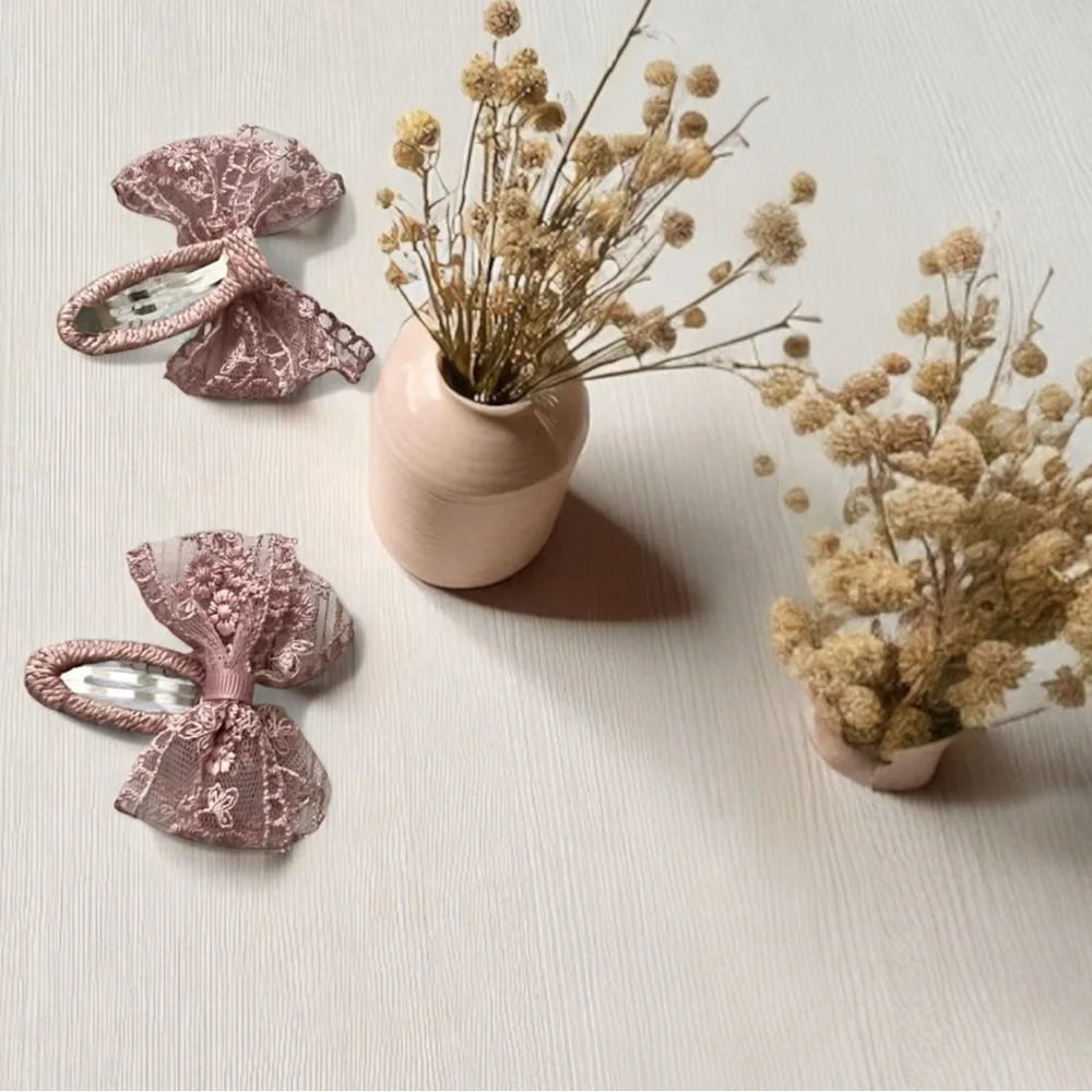 Dusty Rose Lace Bow Hair Clips - Set of 2 - Picture 9 of 12